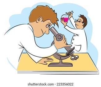 Two funny scientists enthusiastically engaged in research work. Vector illustration