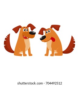 Two funny sitting dog characters, one talking, another listening with tongue out, cartoon vector illustration isolated on white background. Couple of funny sitting dog characters