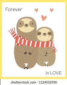 Two funny sloth in love wrapping in scarf. Valentine card