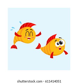 Two funny, smiling, crazy golden fish characters swimming together, cartoon vector illustration isolated on white background. Yellow fish characters, mascots, friends
