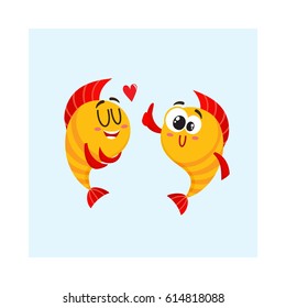 Two funny, smiling golden fish characters, one showing love, another giving thumb up, cartoon vector illustration isolated on white background. Yellow fish characters, mascots, love and friendship