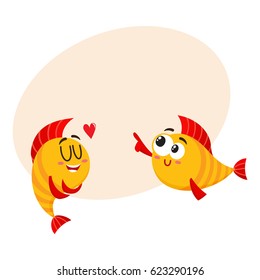 Two Funny, Smiling Golden Fish Characters, One Showing Love, Another Pointing With Fin, Cartoon Vector Illustration With Space For Text. Yellow Fish Characters, Mascots, Love And Laughing