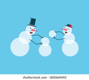 two funny smiling snowmen in black topper hats, making another snowman, created on blue background, family concept, Christmas and winter joy, flat design