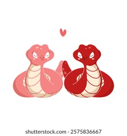 Two funny snakes in love. Symbol of the New Year 2025. Cute cartoon red and pink snakes blowing a kiss. Kawaii. Isolated illustration.