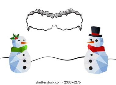 Two funny snowman with doodle speech bubble