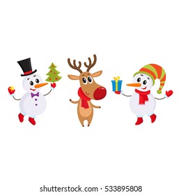 two funny snowman and reindeer holding a Christmas tree and gift box, cartoon vector illustration isolated on white background. Deer and snowman, Christmas attributes, decoration elements