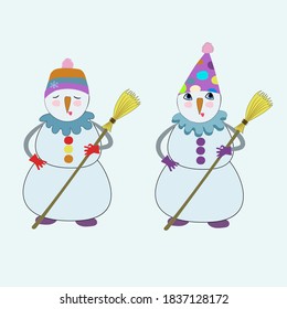 Two funny snowmen with a broom