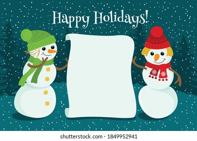Two funny snowmen in a forest glade congratulate you on a holiday. Vector illustration for your design. You can add your congratulations.