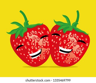 Two funny strawberries on a yellow background.