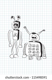 Two funny stupid robots in doodle style - vector