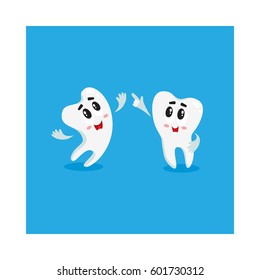 Two funny tooth characters looking, pointing up, dental health care concept, isolated cartoon vector illustration. 