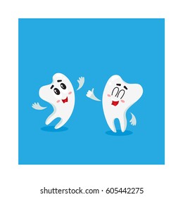 Two funny tooth characters looking, pointing up, dental health care concept, isolated cartoon vector illustration. Couple of happy tooth characters, mascots, dental care design element