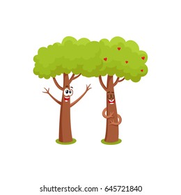 Two funny tree characters, one hugging, showing love, another raising branches, cartoon vector illustration isolated on white background. Couple of funny tree characters, mascots, flirting and love