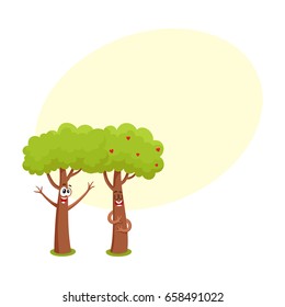 Two funny tree characters, one hugging, showing love, another raising branches, cartoon vector illustration with space for text. Couple of funny tree characters, mascots, flirting and love