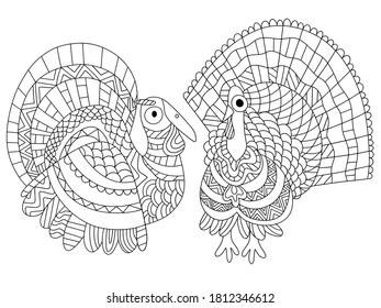 Two funny turkey bird coloring page stock vector illustration. American fall traditional holiday coloring for kids and adults. Detailed turkeys with ornamental tails, wings and feather. One of a serie