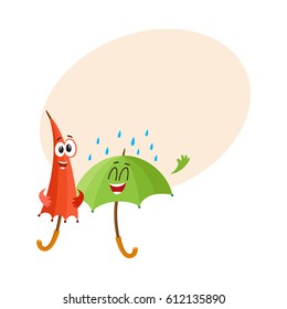 Two funny umbrella characters with human faces, open and closed, under rain, cartoon vector illustration with place for text. Couple of funny umbrella, parasol characters, happy with rain