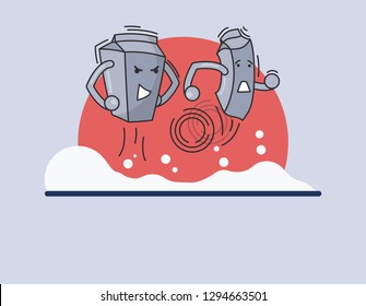 Two funny vector cartons of milk talking to each other, not agreeing on some points and starting to argue with one another waving their hands in such a way the dust raising up