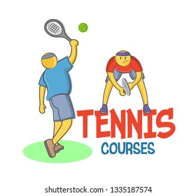 Two funny vector doodle characters playing tennis isolated on white background, Design for tennis academy, school, courses, club, print,  emblem, t-shirt, party decoration, logotype, etc.