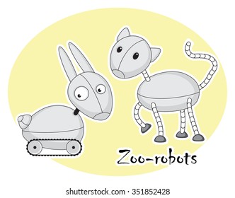 Two funny zoo-robots, cat and rabbit. Vector illustration.