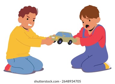 Dois meninos furiosos crianças personagens de desenhos animados lutando por brinquedo puxando carro de pé isolado no fundo branco. Amigos do jardim de infância discutem, mal-entendido e ilustração de vetor de estresse emocional