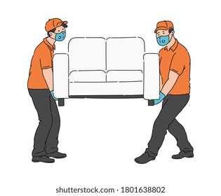 Two furniture movers moving a sofa in medical masks - cartoon men in coronavirus protection respirators and gloves carrying a couch isolated on white background. Flat vector illustration.