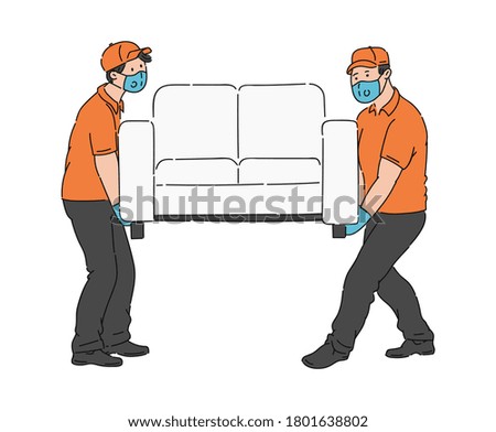 Two furniture movers moving a sofa in medical masks - cartoon men in coronavirus protection respirators and gloves carrying a couch isolated on white background. Flat vector illustration.