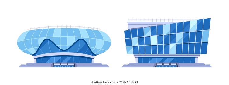 Two Futuristic Buildings Showcasing Unique Modern Architecture. Creative Structures Resemble Stadiums