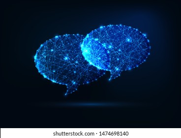 Two futuristic glowing low polygonal speech bubbles made of stars, lines, dots isolated on dark blue background. Communication, chatting, dialogue concept. Modern wireframe design vector illustration.