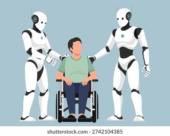 two futuristic humanoid robots assisting a man in a wheelchair, symbolizing advanced healthcare technology, robotic caregiving, and accessibility for people with disabilities.
