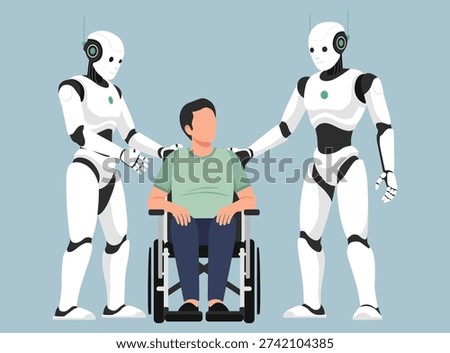 two futuristic humanoid robots assisting a man in a wheelchair, symbolizing advanced healthcare technology, robotic caregiving, and accessibility for people with disabilities.