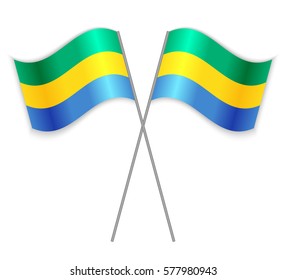 Two Gabonese crossed flags. Combined Gabon isolated on white. Language learning, international business or travel concept.