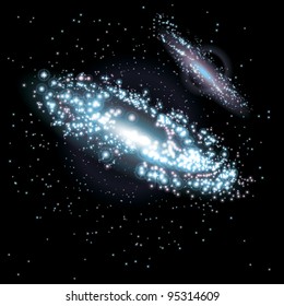 Two Galaxies at Black Starry Background. Vector Illustration