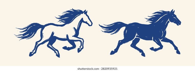Two galloping horses painted with rough brush strokes showing flowing manes and powerful motion for wall art