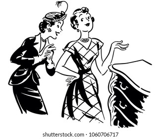 Two Gals With Antique Dresser - Retro Clip Art Illustration