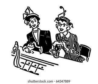 Two Gals At The Soda Shop - Retro Clipart Illustration