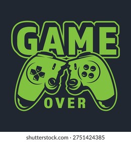 Two game controllers are shown in a close-up view. The text GAME OVER appears in bright green. This design represents the end of a gaming session.