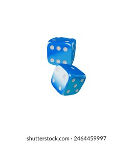 Two game dice falling realistic 3d vector icon. Blue cubes with white dots render illustration isolated. Gambling games volume design, casino and betting, craps and poker, tabletop or board games