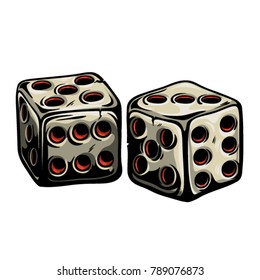 Two game dices cartoon style. Hand drawn old dices vector illustration.