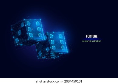 Two game dices with six dots digital wireframe. Symbol of fortune and luck low poly vector illustration on blue background.