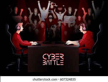 Two game players sitting at the table opposite each other with a crowd of cheering fans on the background. Side view. Vector participants of cyber sport tournament