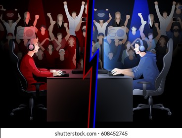 Two game players sitting at the table opposite each other with a crowd of cheering fans on the background. Side view. Vector participants of cyber sport tournament