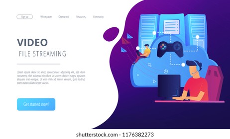 Two gamers playing computer connected with joystick. Gaming on demand, video and file streaming, cloud technology, various devices gaming concept, violet palette. Website landing web page template.
