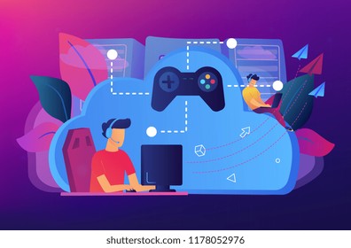 Two gamers playing computer connected with joystick. Gaming on demand, video and file streaming, cloud technology, various devices gaming concept, violet palette. Vector isolated illustration.