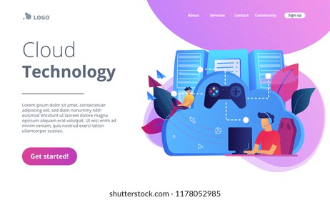 Two gamers playing computer connected with joystick. Gaming on demand, video and file streaming, cloud technology, various devices gaming concept, violet palette. Website landing web page template.