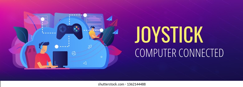 Two gamers playing computer connected with joystick. Gaming on demand, video and file streaming, cloud technology, various devices gaming concept, violet palette. Header or footer banner template.