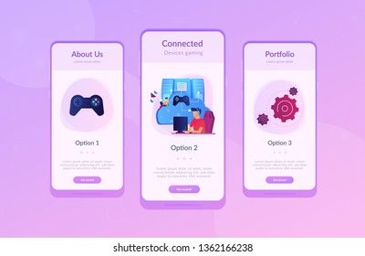 Two gamers playing computer connected with joystick. Gaming on demand, video and file streaming, cloud technology, various devices gaming concept, violet palette. UI UX GUI app interface template.