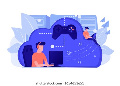 Two gamers playing computer connected with joystick. Gaming on demand, video and file streaming, cloud technology, various devices gaming concept. Vector isolated illustration.