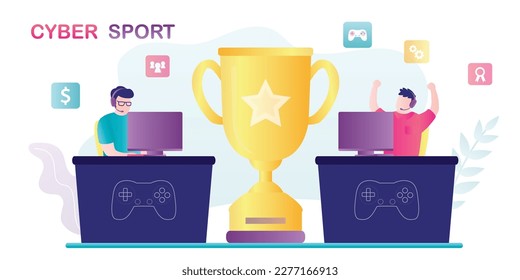 Two gamers playing online video game. Cybersport tournament, winner cup for successful player in final. Concept of esports and competition. Male characters plays in videogame on computers. Flat vector