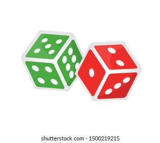 Two gaming dices isometric illustration. Cubes with spots 3D vector drawing on white background. Tabletop game of chance. Red and green craps, throwable objects. Casino gambling. Rolling dice