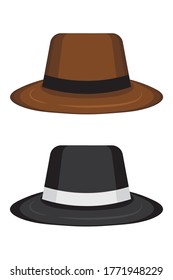 Dos sombreros de gángster con fondo blanco. Borsalino o fedora en colores negro y marrón. Concepto de mafia y detective. Ilustración vectorial del sombrero negro con cinta blanca y sombrero marrón con cinta negra.